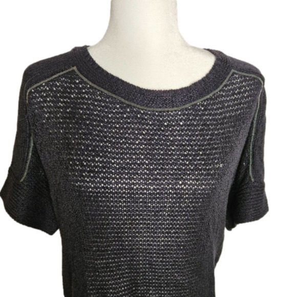 Chico's Size Medium (1) Round Neck Short Sleeve Deep Navy Open Knit Sweater - Picture 2 of 9